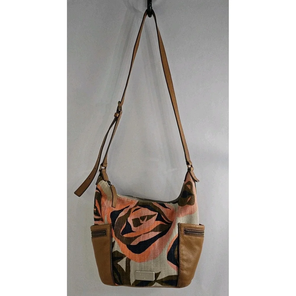 VTG Fossil Shoulder Bag Leather Accents - Canvas Hobo